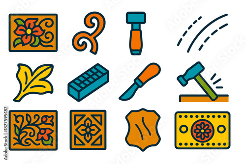Leather Carving Icons. Flat vector icons of leather carving: floral carving panel, scrollwork design, beveling tool, cut line