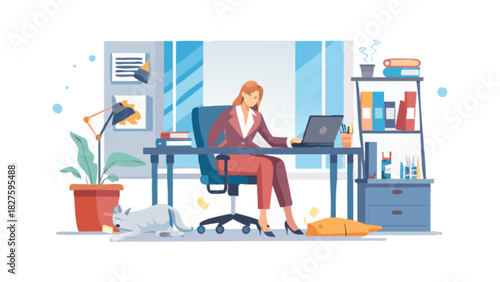 Woman working from home office illustration vector design remote job lifestyle and workspace concept art