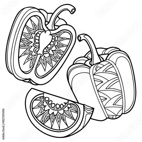 Complex Abstract Zen Tangle Designs Filled Bell Pepper Shapes