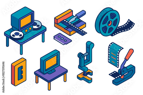 Analog Film Editing Tools. Isometric vector illustration set Film and photography – analogue editing table, splicing block, Razor