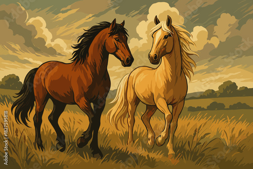 Majestic Horses in Field. Artistic depiction of a pair of majestic horses in a field, soft natural tones, dramatic lighting, ideal