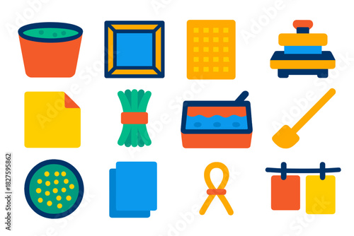 Papermaking Tools Icons. Flat vector icons of papermaking tools and process: pulp vat, wooden frame, paper mold, pressing board,