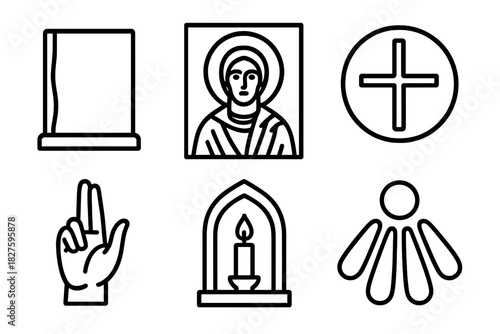 Sacred Iconography Icons. Line style icons of Iconography: painted wooden panel, frontal saint portrait, cross in circle, gesture