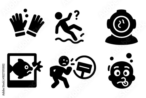 Comedic Underwater Icons. Solid style icons of comedic underwater bloopers: gloves floating away, pawn slipping icon, confused