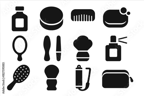Classic Grooming Icons. Solid style icons of Classic Grooming: Hair Tonic, Pomade Tin, Mustache Comb, Soap Bar, Hand Mirror, Nail