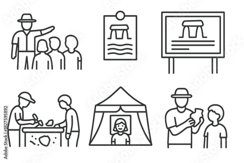 Field School Outreach Icons. Line style icons of public outreach from field schools: guided site tour, community open day flyer,