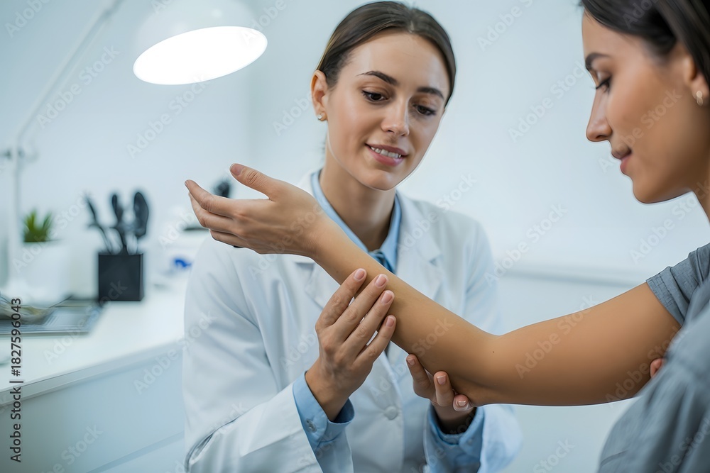 Fototapeta premium Female doctor examining patient's arm, medical consultation, healthcare, wellness, professional diagnostic care, clinic visit, health check, injury assessment, modern hospital, light blue, white