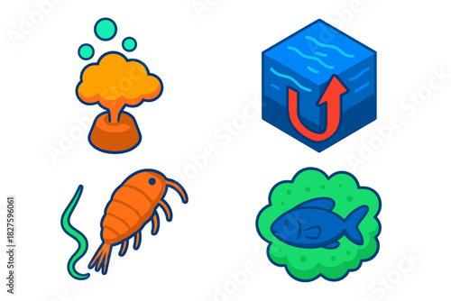 Oceanic Nutrient Cycle Icons. Isometric vector illustration set Carbon-Nutrient Exchange: Remineralization cloud, upwelling