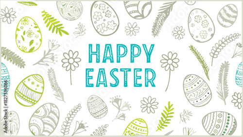 Overhead view of a minimalist easter table setting with festive decorations and food perfect for spring holiday invitations and promotions