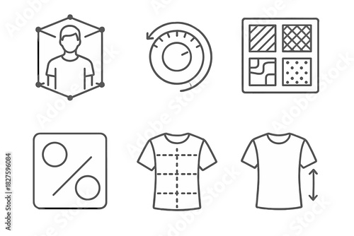 3D Clothing Customization Icons. Line style icons of 3D clothing customizations: avatar-based fitting, adjustable size dial,