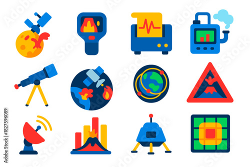 Volcanic Monitoring Icons. Flat vector icons of volcanic monitoring: satellite over Io, thermal imaging camera, seismograph, gas