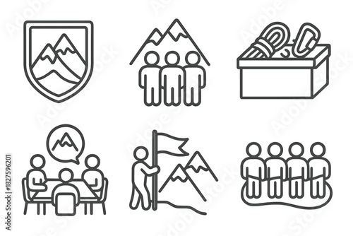 Mountaineering Club Icons. Line style icons of mountaineering clubs and communities: club patch symbol, group photo at basecamp,