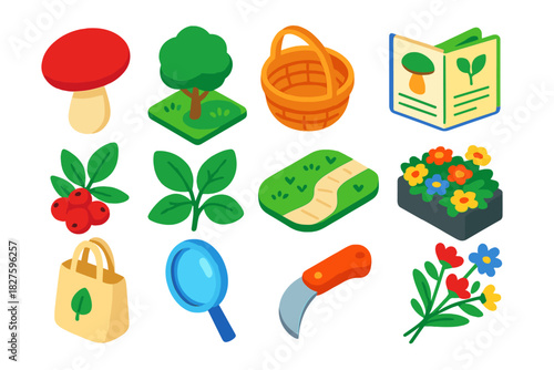Urban Foraging Icons. Isometric vector illustration set Urban Foraging: edible mushroom, city park grass, round basket, field