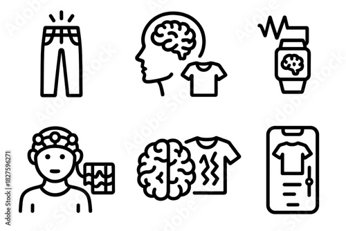Brain-Computer Fashion Icons. Line style icons of Brain-Computer Fashion: self-coloring pants, brainprint-based fashion, EEG wrist