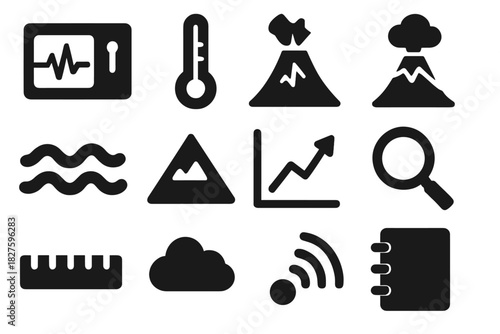 Seismic Monitoring Icons. Solid style icons of seismic and volcanic monitoring: seismograph, thermometer, compass, volcano icon,