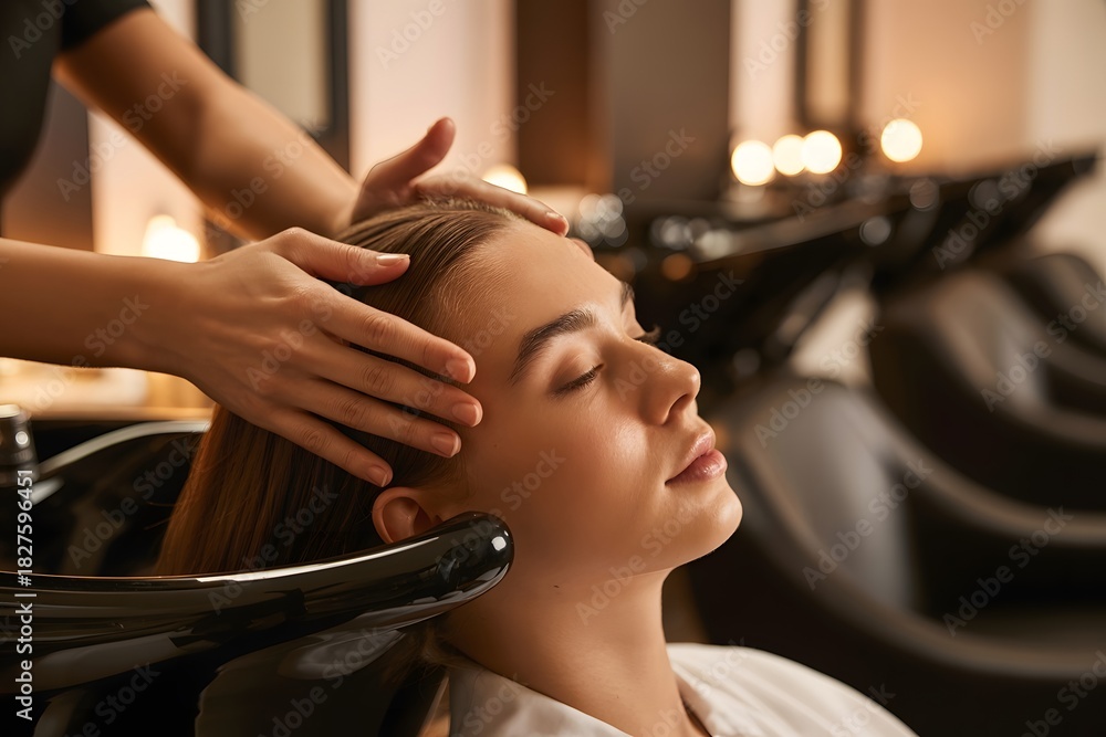 Fototapeta premium Young woman enjoying professional hair wash, relaxing scalp massage at luxurious salon. Focus on beauty, self-care, and wellness with warm tones, peaceful mood, spa experience.