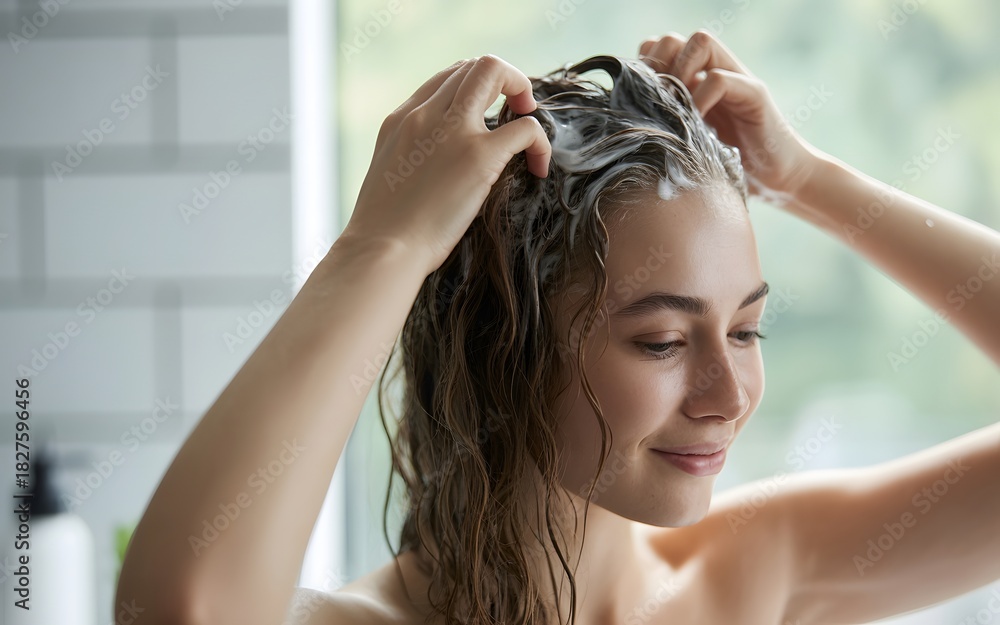 Naklejka premium Young woman washing her hair, lathering shampoo in a shower, promoting self-care, hygiene, beauty, and wellness. A fresh, clean hair care routine moment.