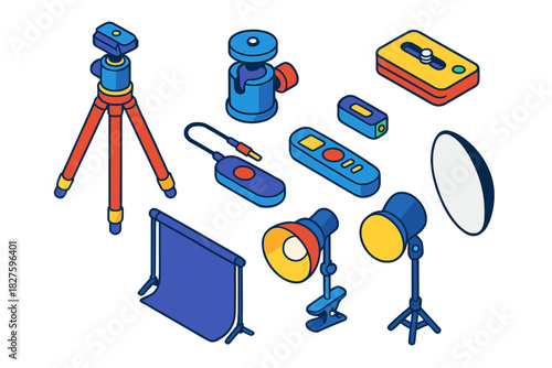 Photography Equipment Icons. Isometric vector illustration set Film and photography – tripod stand, ball head mount, quick release