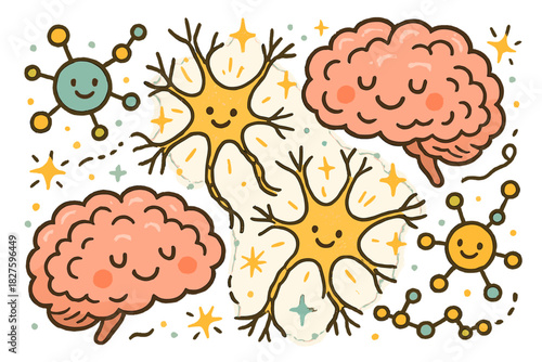 Joyful Brain Activity. Magical doodle cognitive enhancement study with smiling brains, cartoon stimulant molecules bouncing,