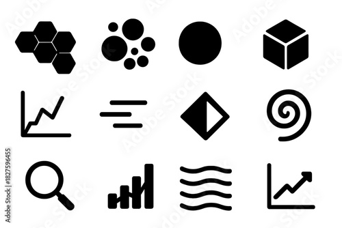 Foam Modeling Icons. Solid style icons of visualization and modeling of foams: hexagonal grid, bubble cluster, sphere, cube, arrow