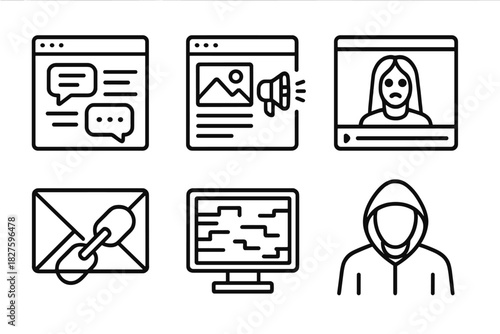 Mythical Digital Icons. Line style icons of Internet and Urban Myths: message board thread, viral post, creepy video still, chain