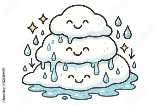 Cheerful Snow Melt. Friendly doodle seasonal melt illustration with happy snow layers, cartoon water droplets flowing, cheerful