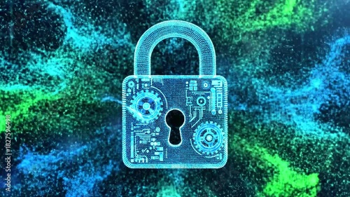 Digital lock composed of particle effect, blue and green, set against dark tech grid