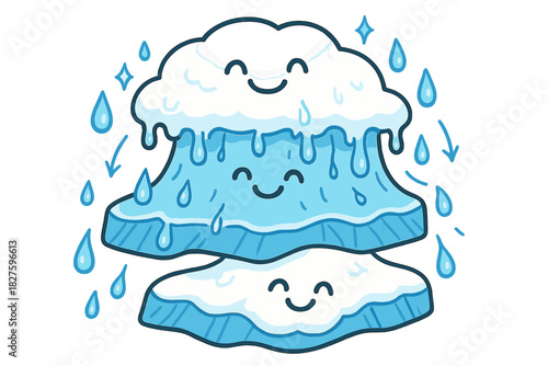 Cheerful Snow Melt. Friendly doodle seasonal melt illustration with happy snow layers, cartoon water droplets flowing, cheerful