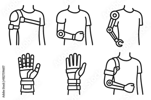 Exosuit Line Icons. Line style icons of upper-body exosuits: shoulder brace module, elbow actuator, arm lifting gear, powered