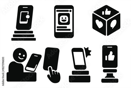 Meme Culture Icons. Solid style icons of phone-based meme culture: screenshot stack monument, screen-record frame, mobile meme