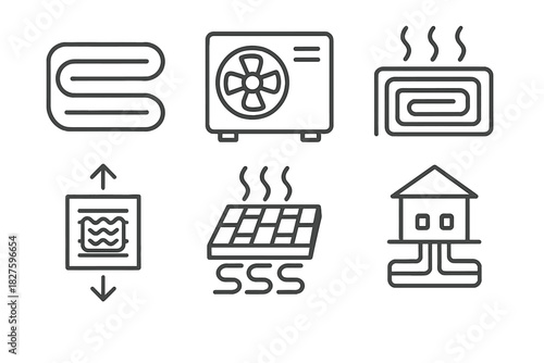 Geothermal Heating Icons. Line style icons of geothermal heating systems: ground loop coil, heat pump unit, radiant floor pipe,