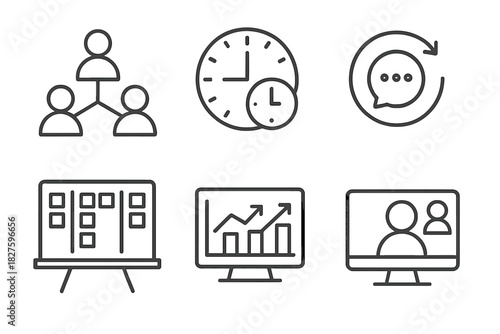 Agile Remote Team Icons. Line style icons of Agile in remote teams: distributed team icon, time zone clock, async communication