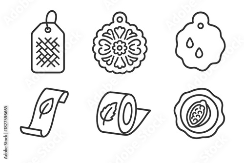 Edible Label Icons. Line style icons of edible labels and tags: printed rice paper tag, sugar lace sticker, inked gelatin tab,