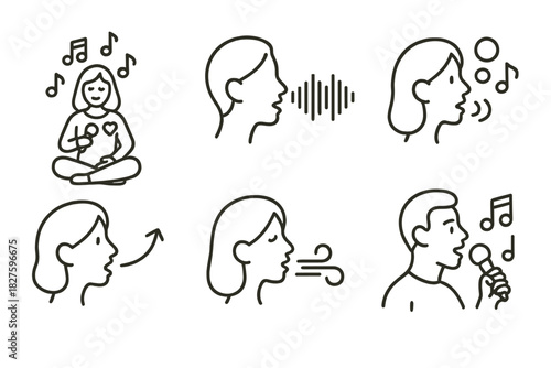 Voice Expression Icons. Line style icons of voice and vocal expression: singing for healing icon, humming soundwave, vocal