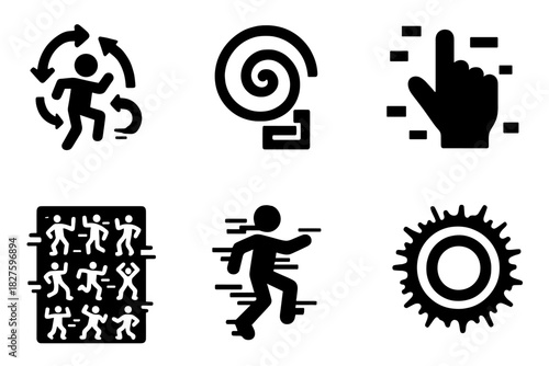 Glitch Icon Artistry. Solid style icons of glitch and generative NFT motion: broken movement loop, feedback spiral icon,