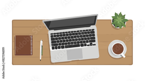 Top view of workspace with laptop, notebook, pen, coffee and plant for business productivity concept