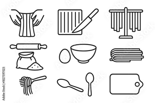 Pasta Preparation Icons. Line style icons of Pasta Preparation: Dough Pulling, Knife Cutting, Hanging Rack, Ingredients; Rolling