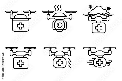 Weather-Ready Medical Drones. Line style icons of weather-ready medical drones: waterproof casing, anti-fog camera, snow-cap drone