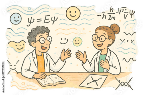 Whimsical Physics Workshop. Whimsical doodle theoretical physics workshop with cheerful scientists, floating smiling equations,