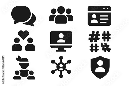 Online Community Icons. Solid style icons of online communities: chat bubble circle, group of users, forum thread, shared interest
