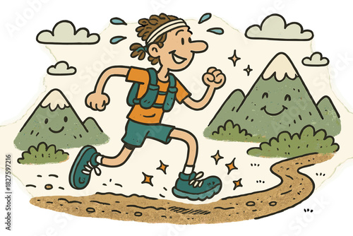 Whimsical Ultramarathon Adventure. Whimsical doodle ultrarunner on a trail with smiling feet, cartoon sweat drops bouncing,