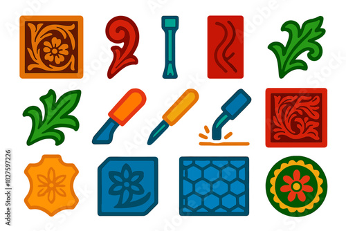 Leather Carving Icons. Flat vector icons of leather carving: floral carving panel, scrollwork design, beveling tool, cut line