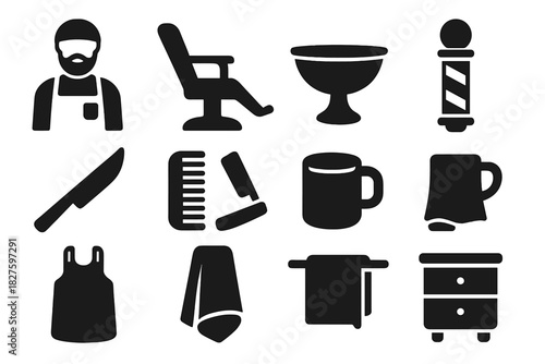 Historical Dental Icons. Solid style icons of Historical Dental Practice: Barber-Surgeon, Chair, Basin, Pole, Knife, Comb, Razor,
