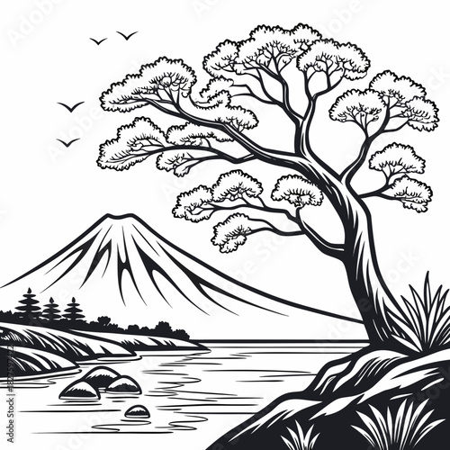 Iconic Serene Stylized Japanese Ukiyo-e Mountain View