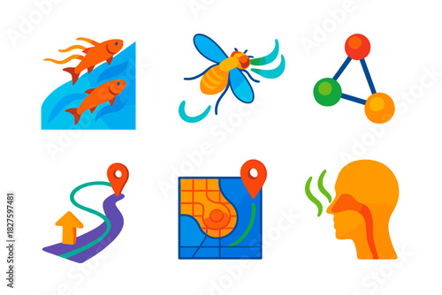 Olfactory Navigation Map. Isometric vector illustration set Olfactory maps: salmon swimming upstream following scent gradients,