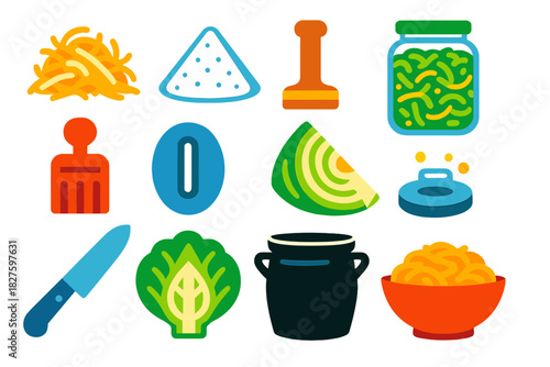 Sauerkraut Icons Collection. Flat vector icons of sauerkraut making: shredded cabbage, salt pile, wooden tamper, glass jar,