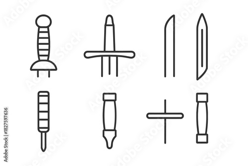 Blade Anatomy Icons. Line style icons of blade anatomy: hilt, guard, blade edge, fuller; pommel, ricasso, quillon, tip; tang, grip