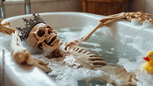 An amusing portrayal of a skeletal figure in a bubble-filled bathtub, wearing a crown, surrounded by playful rubber duckies, creatively showcasing a blend of humor and relaxed vibes.