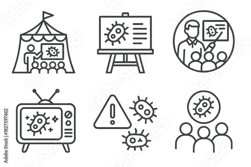 Astrobiology Icon Set. Line style icons of astrobiology public engagement: science festival icon, museum exhibit board, school