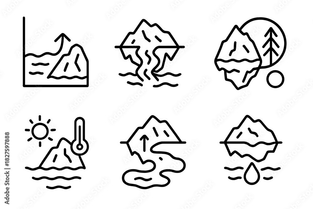 Obraz premium Glacial Impact Icons. Line style icons of environmental impact from glaciers: sea level rise chart, glacier loss affecting rivers,